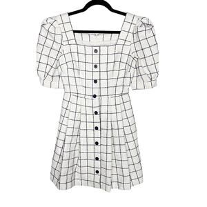 Gal Meets Glam Size 0 White Navy Blue Dawn Windowpane Dress Puff Sleeves Button